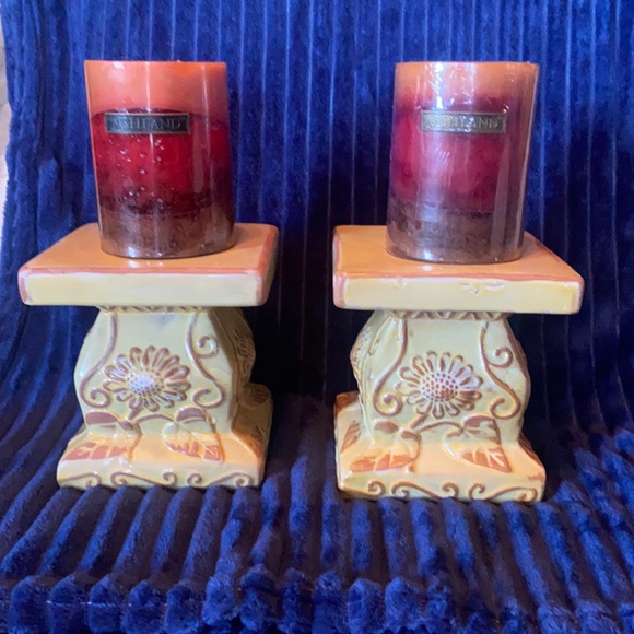 Rustic Sunflower Ceramic/Terra Cotta Candle Pillars-set of 2 - Picture 1 of 11